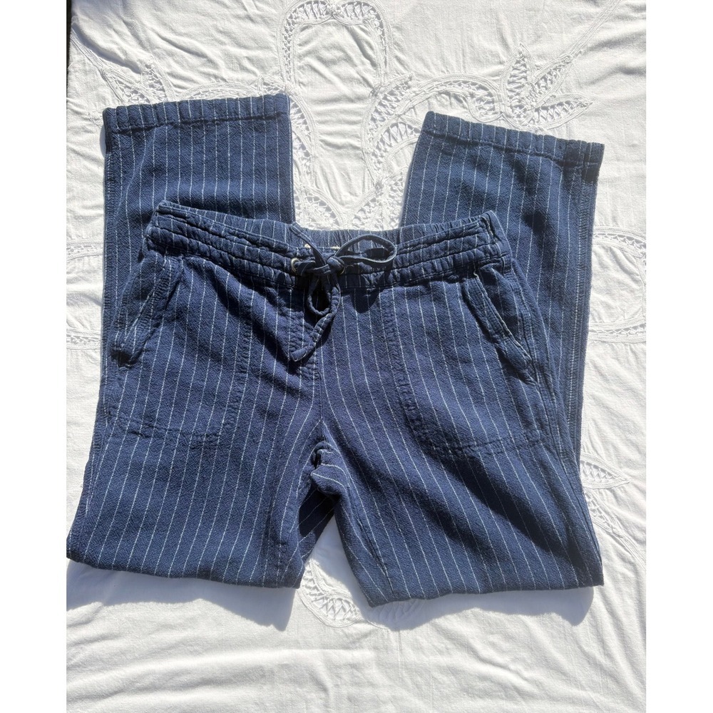 Navy Blue Linen Blend Pinstripe Drawstring Pants Small by Per Se
